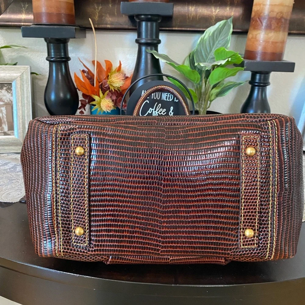 Dooney & Bourke Dark Brown Lizard-Embossed Satchel with Gold Hardware